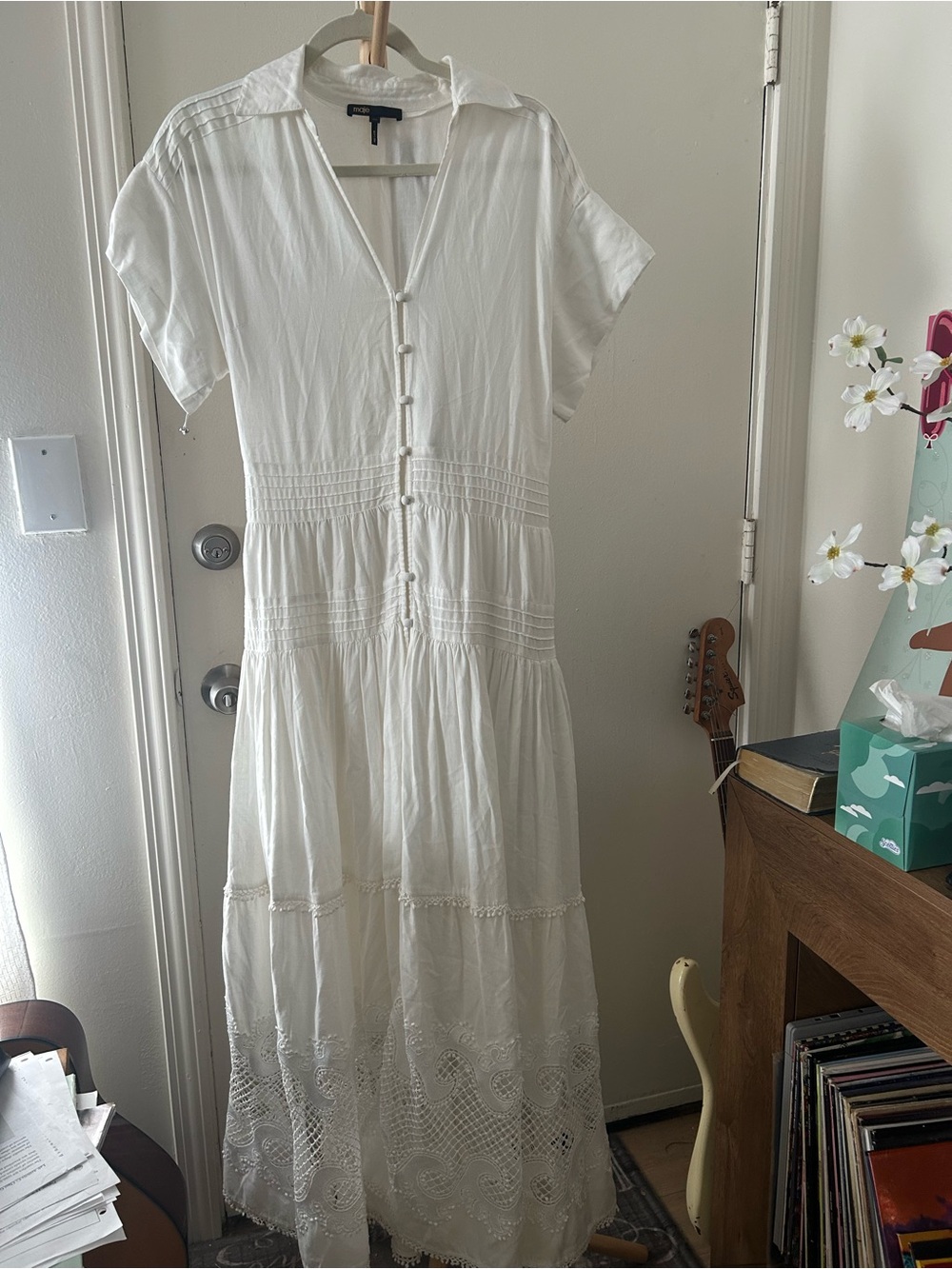 Maje White Button-Front Tiered Maxi Dress with Lace Trim - Picture 3 of 14